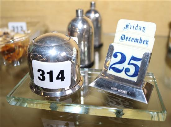 Silver desk calendar & German silver pepperettes